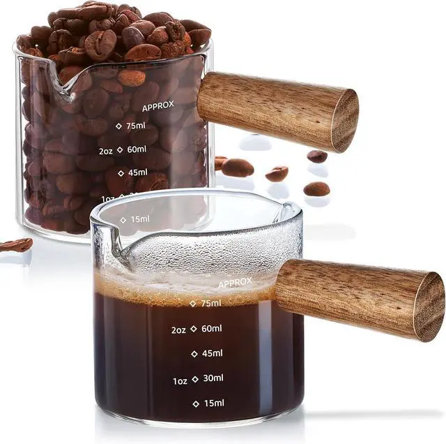Main image of 2 Pack Espresso Shot Cups Measuring cups, 4 FL OZ Wooden Handle V-Shaped Double Spout Espresso Shot Glass, Coffee Bar Essentials, coffee accessories