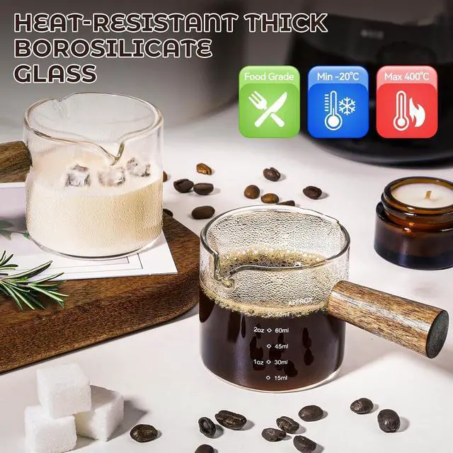 Alt view image 4 of 7 - 2 Pack Espresso Shot Cups Measuring cups, 4 FL OZ Wooden Handle V-Shaped Double Spout Espresso Shot Glass, Coffee Bar Essentials, coffee accessories