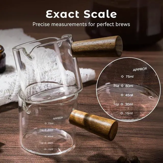 Alt view image 7 of 7 - 2 Pack Espresso Shot Cups Measuring cups, 4 FL OZ Wooden Handle V-Shaped Double Spout Espresso Shot Glass, Coffee Bar Essentials, coffee accessories