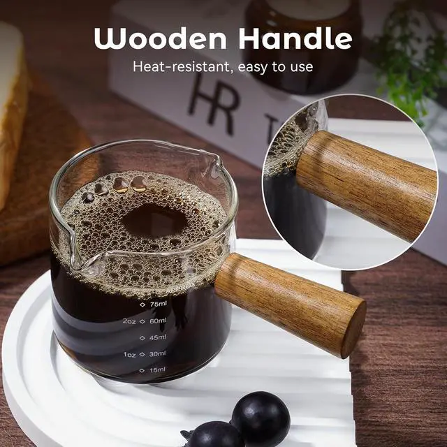 Alt view image 6 of 7 - 2 Pack Espresso Shot Cups Measuring cups, 4 FL OZ Wooden Handle V-Shaped Double Spout Espresso Shot Glass, Coffee Bar Essentials, coffee accessories