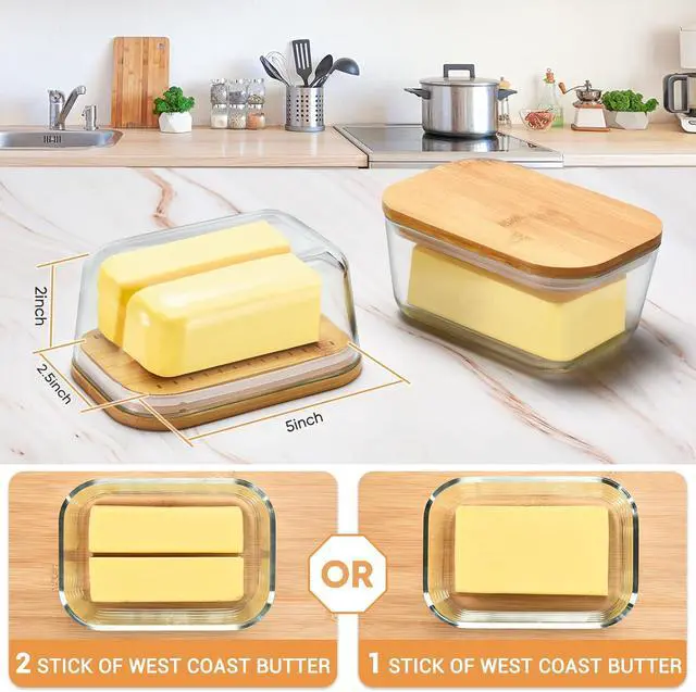 Alt view image 2 of 6 - HEKEIEON Glass Butter Dish With Bamboo Sealed Lid - Large Tray for Refrigerator and Outdoor UseButter dish glassGlass Butter KeeperKeep butter fresh - Dishwasher Safe