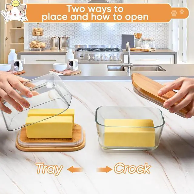 Alt view image 4 of 6 - HEKEIEON Glass Butter Dish With Bamboo Sealed Lid - Large Tray for Refrigerator and Outdoor UseButter dish glassGlass Butter KeeperKeep butter fresh - Dishwasher Safe