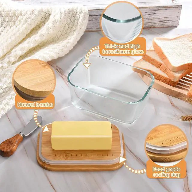Alt view image 5 of 6 - HEKEIEON Glass Butter Dish With Bamboo Sealed Lid - Large Tray for Refrigerator and Outdoor UseButter dish glassGlass Butter KeeperKeep butter fresh - Dishwasher Safe