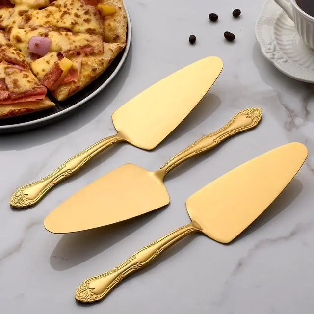 Alt view image 3 of 6 - 3-Piece Matte Gold Cake Server Set with Rose Handle