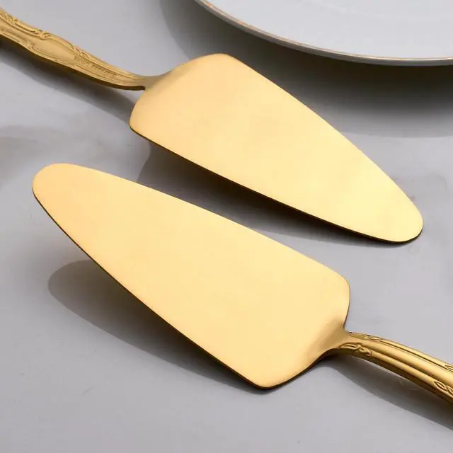 Alt view image 5 of 6 - 3-Piece Matte Gold Cake Server Set with Rose Handle