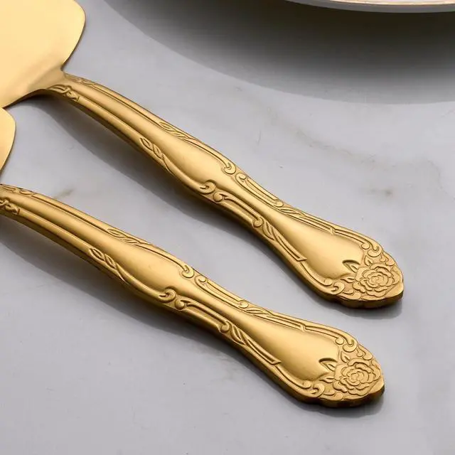 Alt view image 6 of 6 - 3-Piece Matte Gold Cake Server Set with Rose Handle