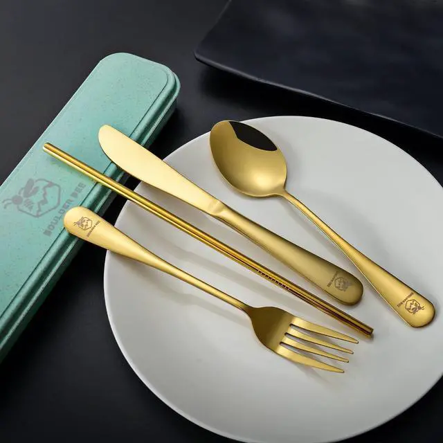 Alt view image 2 of 7 - Boulder Bee Travel Utensils Set Stainless Steel with Carrying Case (Gold)