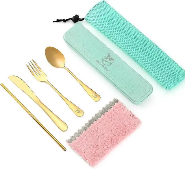 Alt view image 7 of 7 - Boulder Bee Travel Utensils Set Stainless Steel with Carrying Case (Gold)