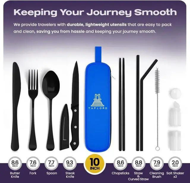 Alt view image 2 of 7 - Taplord Portable Travel Silverware Set With Case - Includes 10 Pcs of Utensils, Stainless Steel Flatware For Camping, Easy to Travel, Lightweight (Black)
