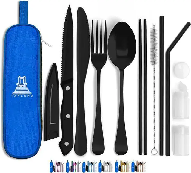 Main image of Taplord Portable Travel Silverware Set With Case - Includes 10 Pcs of Utensils, Stainless Steel Flatware For Camping, Easy to Travel, Lightweight (Black)