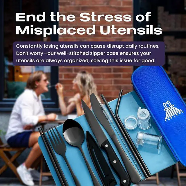 Alt view image 5 of 7 - Taplord Portable Travel Silverware Set With Case - Includes 10 Pcs of Utensils, Stainless Steel Flatware For Camping, Easy to Travel, Lightweight (Black)