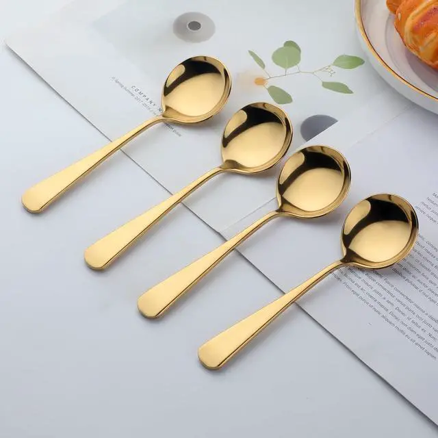 Alt view image 3 of 7 - Buyer Star 6.3 Inch Soup Spoons, Stainless Steel Round Spoons Set of 6, Mirror Polished Metal Dessert Spoons for Bouillon Dinner Dessert Cereal (Gold)
