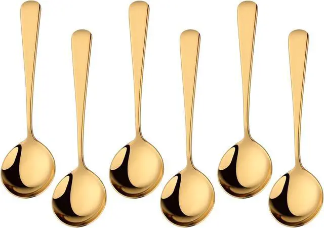 Main image of Buyer Star 6.3 Inch Soup Spoons, Stainless Steel Round Spoons Set of 6, Mirror Polished Metal Dessert Spoons for Bouillon Dinner Dessert Cereal (Gold)