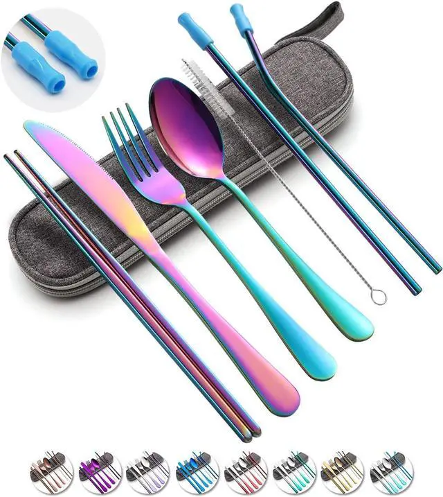 Main image of Travel Utensils Set with Case Reusable Portable Cutlery Set Stainless Steel 8pcs Including Dinner Knife Fork Spoon Chopsticks Straws(Rainbow)