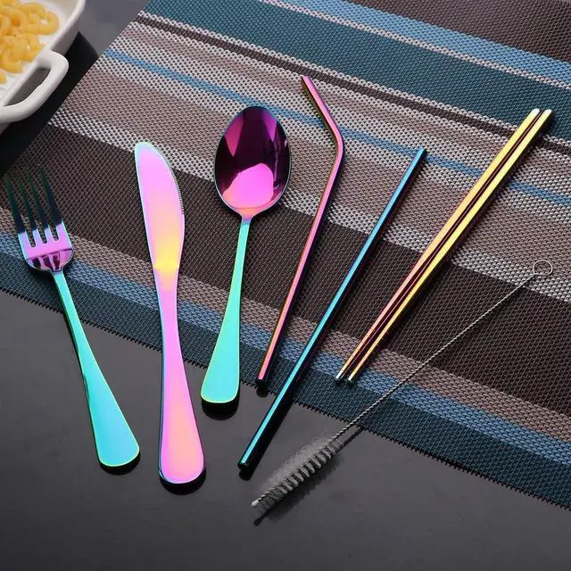 Alt view image 2 of 7 - Travel Utensils Set with Case Reusable Portable Cutlery Set Stainless Steel 8pcs Including Dinner Knife Fork Spoon Chopsticks Straws(Rainbow)