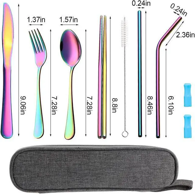 Alt view image 3 of 7 - Travel Utensils Set with Case Reusable Portable Cutlery Set Stainless Steel 8pcs Including Dinner Knife Fork Spoon Chopsticks Straws(Rainbow)