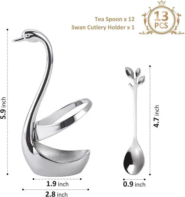 Alt view image 2 of 7 - Stainless Steel Silver Creative Dinnerware Set OIULO - Decorative Swan Base Holder with 12 Leaf Spoons for Coffee, Fruit,Dessert,Stirring, Mixing, Sugar, Stir, Ice Cream, Cake, Teaspoon (Silver)