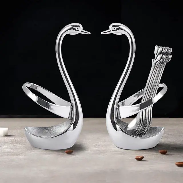 Alt view image 6 of 7 - Stainless Steel Silver Creative Dinnerware Set OIULO - Decorative Swan Base Holder with 12 Leaf Spoons for Coffee, Fruit,Dessert,Stirring, Mixing, Sugar, Stir, Ice Cream, Cake, Teaspoon (Silver)