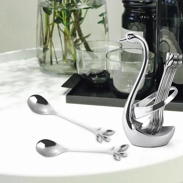 Alt view image 5 of 7 - Stainless Steel Silver Creative Dinnerware Set OIULO - Decorative Swan Base Holder with 12 Leaf Spoons for Coffee, Fruit,Dessert,Stirring, Mixing, Sugar, Stir, Ice Cream, Cake, Teaspoon (Silver)