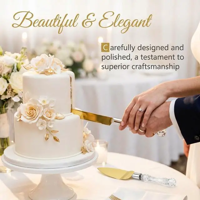 Alt view image 2 of 7 - Gold Cake Knife and Server Set Stainless Steel Wedding Cake Cutting Set with Crystal Handle, Cake Cutter & Pie Spatula for Wedding, Birthday, Anniversary, Party