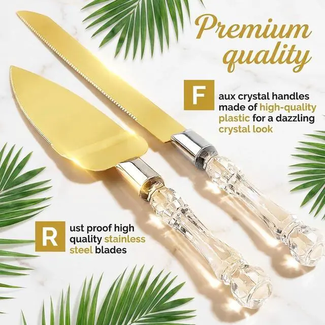 Alt view image 3 of 7 - Gold Cake Knife and Server Set Stainless Steel Wedding Cake Cutting Set with Crystal Handle, Cake Cutter & Pie Spatula for Wedding, Birthday, Anniversary, Party