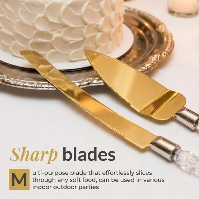 Alt view image 4 of 7 - Gold Cake Knife and Server Set Stainless Steel Wedding Cake Cutting Set with Crystal Handle, Cake Cutter & Pie Spatula for Wedding, Birthday, Anniversary, Party