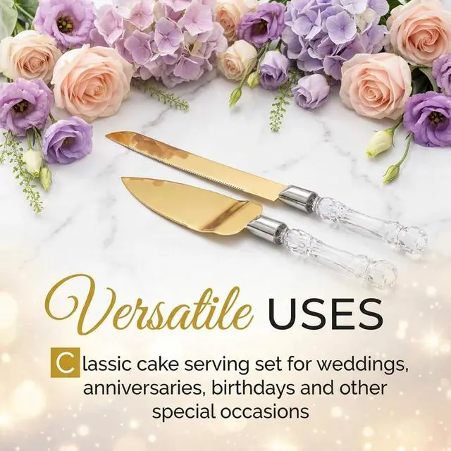 Alt view image 5 of 7 - Gold Cake Knife and Server Set Stainless Steel Wedding Cake Cutting Set with Crystal Handle, Cake Cutter & Pie Spatula for Wedding, Birthday, Anniversary, Party
