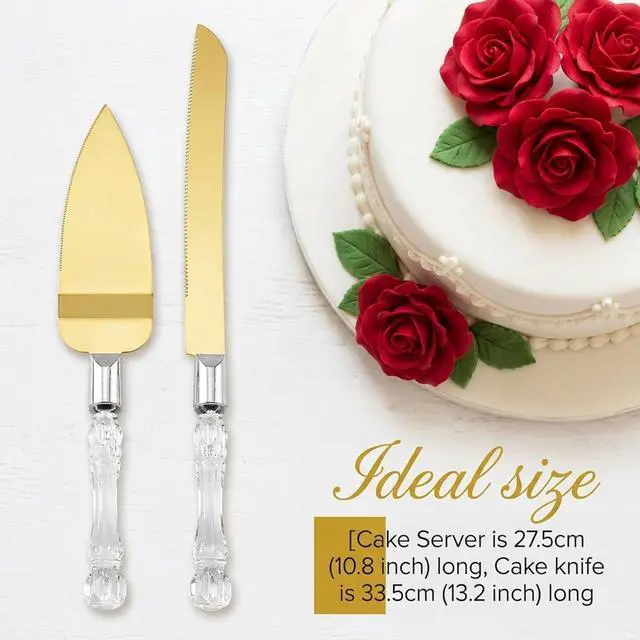 Alt view image 6 of 7 - Gold Cake Knife and Server Set Stainless Steel Wedding Cake Cutting Set with Crystal Handle, Cake Cutter & Pie Spatula for Wedding, Birthday, Anniversary, Party