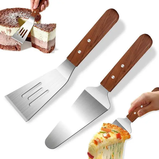 Main image of 2 Pieces Wood Handle Pie Server Set, Stainless Steel Pie Server Spatula Set, Cake Cutter Pizza Tart Dessert Slicer, Metal Spatulasfor Cutting and Serving Desserts Brownies Lasagna