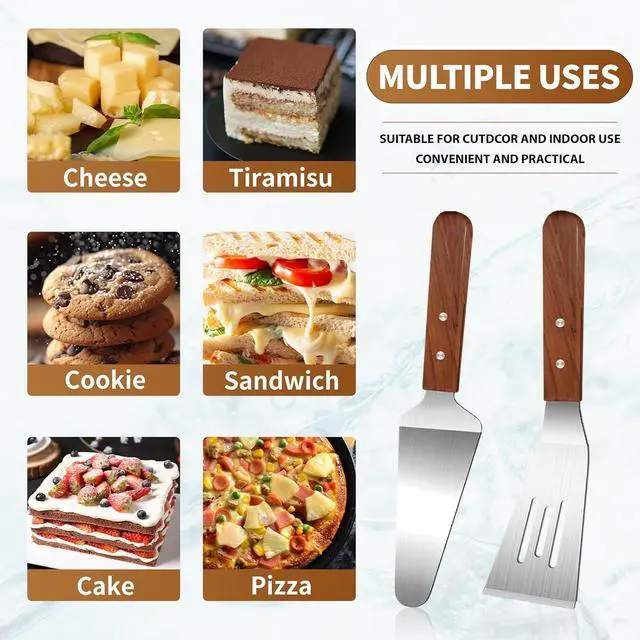 Alt view image 6 of 7 - 2 Pieces Wood Handle Pie Server Set, Stainless Steel Pie Server Spatula Set, Cake Cutter Pizza Tart Dessert Slicer, Metal Spatulasfor Cutting and Serving Desserts Brownies Lasagna