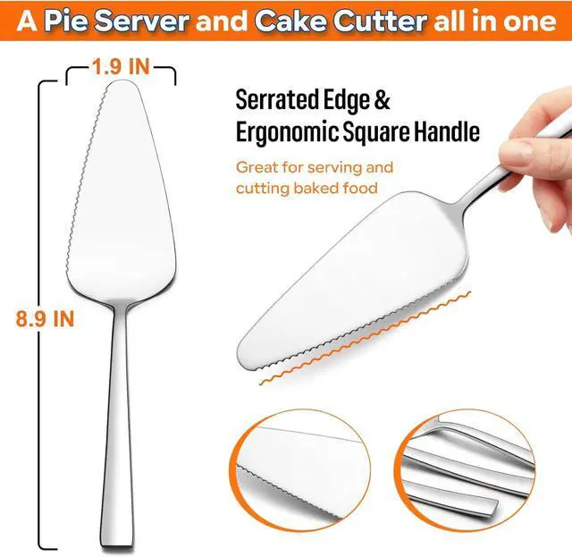 Alt view image 2 of 7 - Pie Server Set of 5, E-far 8.9 Inch Stainless Steel Cake Server Cutter for Pastry Cheese Pizza, Serrated Edge with Square Handle, Mirror Polished & Dishwasher Safe