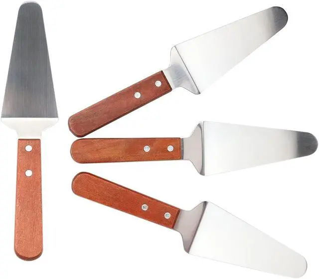 Alt view image 4 of 5 - 4 Pcs Stainless Steel Pizza Servers with Wooden Handle, Triangular Spade Pie Pastry Spatula for Cake, Dessert, Tart, Pie and Pizza