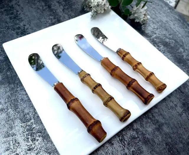 Alt view image 4 of 5 - 4 Pieces Set Butter knife, Pate Knife Cheese Spreader, Thick and Smooth blades, Strong Heavy for butter spreaders Home Restaurant Party breakfast (bamboo handle)