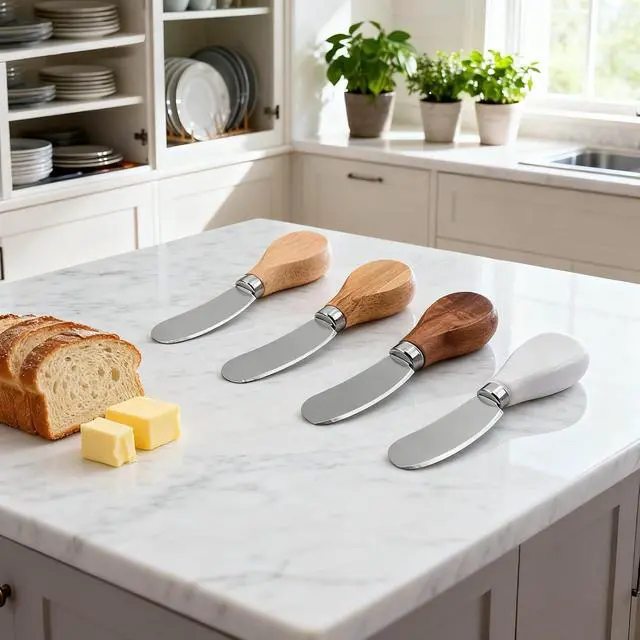 Alt view image 3 of 6 - 4 Pcs Cheese knifeCheese spreader knives with Smooth Wooden Handle - Perfect for Cheese, Butter, Jam, Pastry and Kitchen Use (4.84 Inch)