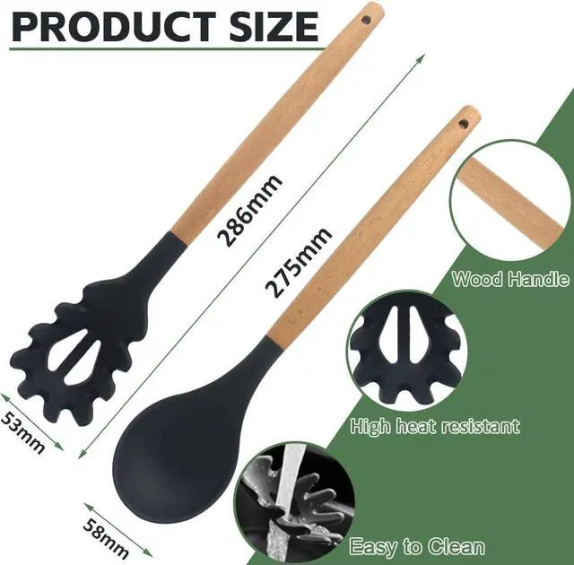 Alt view image 2 of 7 - Silicone Pasta Fork and Silicone Cooking Spoon Set, Large Non Stick Kitchen Utensils for Cooking, Stirring, Serving Spaghetti, Soup, Sauce