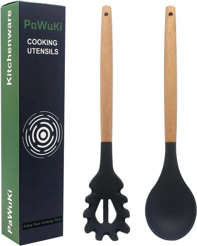 Main image of Silicone Pasta Fork and Silicone Cooking Spoon Set, Large Non Stick Kitchen Utensils for Cooking, Stirring, Serving Spaghetti, Soup, Sauce