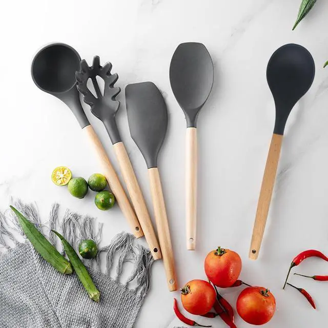 Alt view image 7 of 7 - Silicone Pasta Fork and Silicone Cooking Spoon Set, Large Non Stick Kitchen Utensils for Cooking, Stirring, Serving Spaghetti, Soup, Sauce