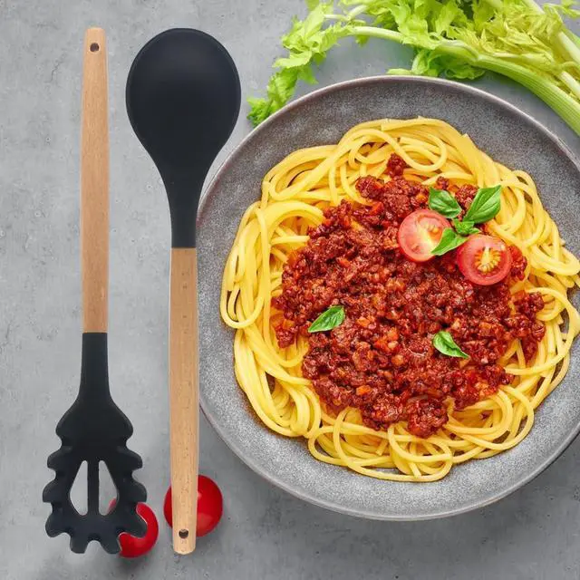 Alt view image 6 of 7 - Silicone Pasta Fork and Silicone Cooking Spoon Set, Large Non Stick Kitchen Utensils for Cooking, Stirring, Serving Spaghetti, Soup, Sauce