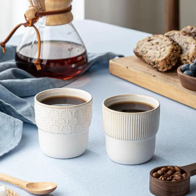 Alt view image 2 of 7 - Espresso Cups Set of 2, 4oz Espresso Shot Cups, Mini Coffee Mugs Farmhouse Decor, Espresso Cup Perfect for Espresso Machine, Microwave and Dishwasher SafeEmbossed Stripes+Firework