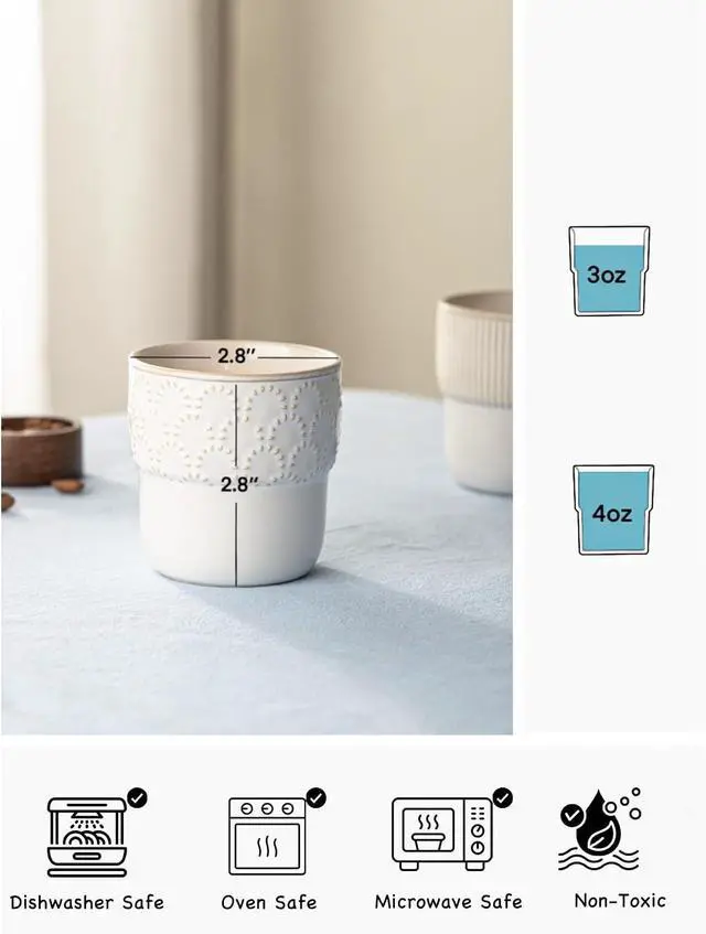 Alt view image 5 of 7 - Espresso Cups Set of 2, 4oz Espresso Shot Cups, Mini Coffee Mugs Farmhouse Decor, Espresso Cup Perfect for Espresso Machine, Microwave and Dishwasher SafeEmbossed Stripes+Firework