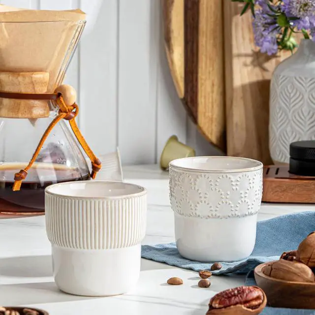 Alt view image 7 of 7 - Espresso Cups Set of 2, 4oz Espresso Shot Cups, Mini Coffee Mugs Farmhouse Decor, Espresso Cup Perfect for Espresso Machine, Microwave and Dishwasher SafeEmbossed Stripes+Firework