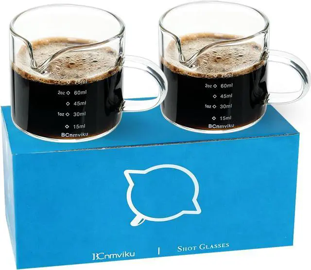 Main image of BCnmviku 2 PACK Espresso Glass Measuring Cup Triple Pitcher Milk Cup 75ML Espresso Cups with Handle Shot Glass with V-Shaped Mouth Clear Accessories Milk Frothing Pitcher (2)