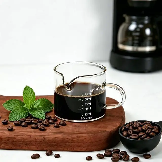 Alt view image 3 of 7 - BCnmviku 2 PACK Espresso Glass Measuring Cup Triple Pitcher Milk Cup 75ML Espresso Cups with Handle Shot Glass with V-Shaped Mouth Clear Accessories Milk Frothing Pitcher (2)