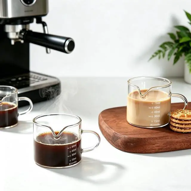 Alt view image 4 of 7 - BCnmviku 2 PACK Espresso Glass Measuring Cup Triple Pitcher Milk Cup 75ML Espresso Cups with Handle Shot Glass with V-Shaped Mouth Clear Accessories Milk Frothing Pitcher (2)