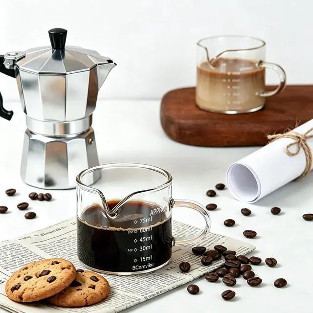 Alt view image 5 of 7 - BCnmviku 2 PACK Espresso Glass Measuring Cup Triple Pitcher Milk Cup 75ML Espresso Cups with Handle Shot Glass with V-Shaped Mouth Clear Accessories Milk Frothing Pitcher (2)