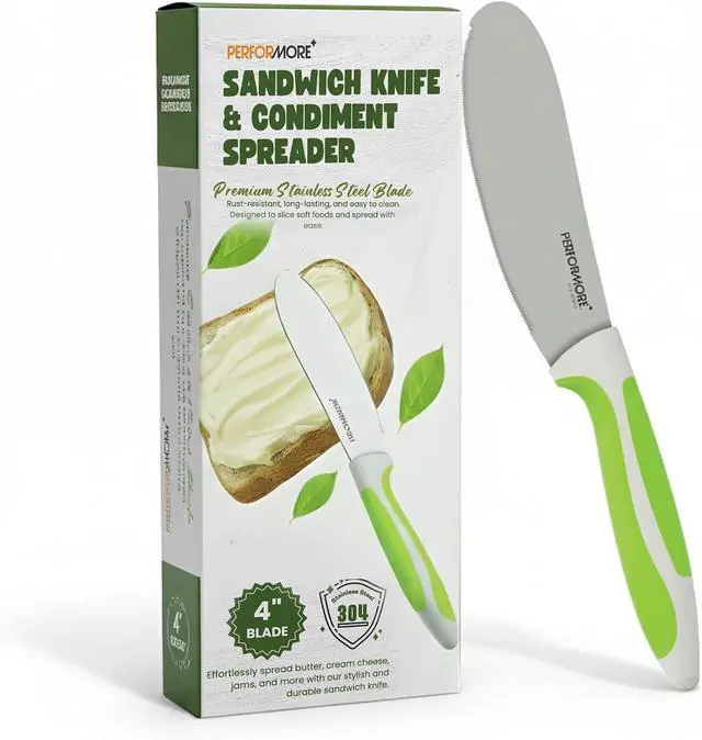 Main image of Performore Sandwich Knife 4" Stainless Steel Blade, 1.5" Wide, 1.2mm Thick Serrated Kitchen Knife for Sandwiches, Spreading & Slicing Durable Bread, Bagel & Deli Knife