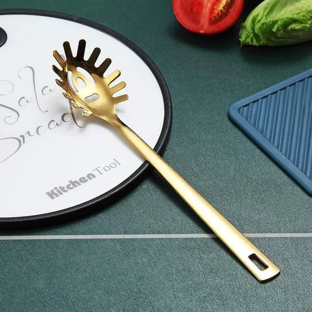 Alt view image 4 of 7 - Gold Spaghetti Spoon, Berglander Pasta Server With Titanium Gold Plating, Stainless Steel Spaghetti Server For Cooking, Pasta Fork, Noddle Fork, Dishwasher Safe, Easy to Clean