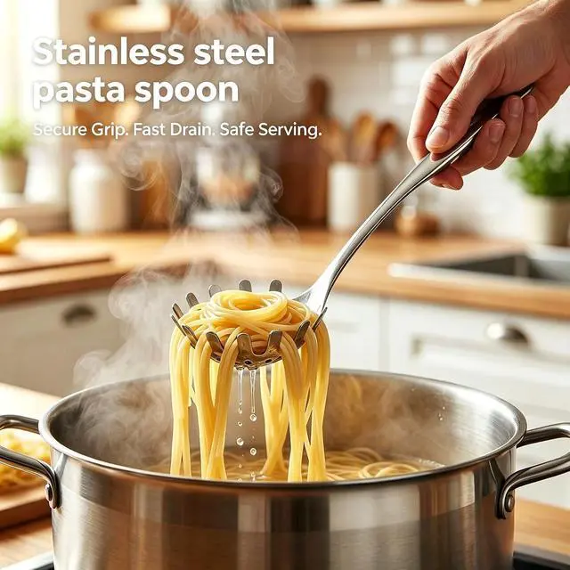 Alt view image 2 of 6 - HANSGO Stainless Steel Pasta Server, 13 Inch Spaghetti Fork with Teeth & Drainage Holes - Heat Insulated Handle for Serving Pasta, Stirring Sauces, Tossing Salads & Draining Vegetables