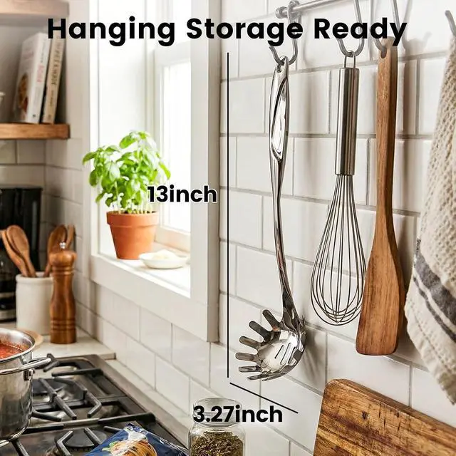 Alt view image 5 of 6 - HANSGO Stainless Steel Pasta Server, 13 Inch Spaghetti Fork with Teeth & Drainage Holes - Heat Insulated Handle for Serving Pasta, Stirring Sauces, Tossing Salads & Draining Vegetables