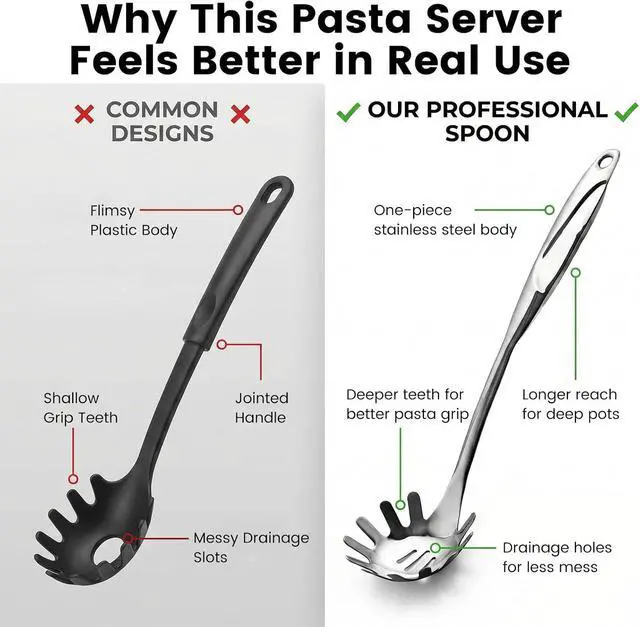 Alt view image 3 of 6 - HANSGO Stainless Steel Pasta Server, 13 Inch Spaghetti Fork with Teeth & Drainage Holes - Heat Insulated Handle for Serving Pasta, Stirring Sauces, Tossing Salads & Draining Vegetables